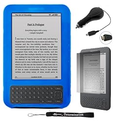 Protective Slim Flexible Durable Silicone Cover Case Skin For Kindle Wireless Reading Device, Wi-Fi, 6" Display Latest Generation + includes a Determination Hand Strap + Includes a Anti Glare Screen Protector + Includes a Retractable Car Charger for your Amazon Kindle