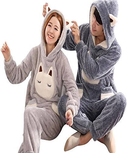 Evenika Women's Men's Cute Cartoon Flannel Thick Matching Couples Pajama Set Grey Large