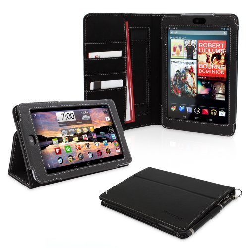 Snugg Nexus 7 Executive Leather Case in Black - Flip Stand Cover with Card Slots, Pocket, Elastic Hand Strap and Premium Nubuck Fibre Interior - Automatically Wakes and Puts the Google Nexus 7 to Sleep