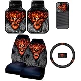 Raging Inferno Devil Skull Flames Smoke 6pc Combo Set Front Floor Mats, Seat Covers, CD Visor Organizer and Steering Wheel Cover