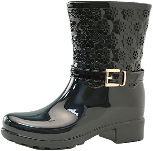 First Fashion Women's Waterproof Flower Rubber Puddles Rainboots,5 B(M) US,Black