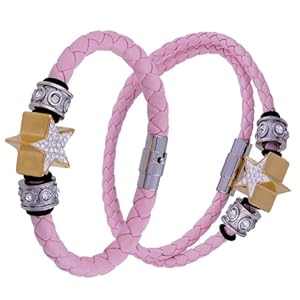 Kadima Leather Bracelet ,Leather Necklace ,Stainless Steel Pandora Beads ,Stainless Steel Braided PU with Gold Star & Crystal Bracelet and Necklace Set, 6mm 8