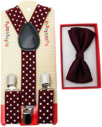 Brand New 2015 Kids Unisex Fashion Burgundy Polka Dots Suspenders Bow Tie Combo
