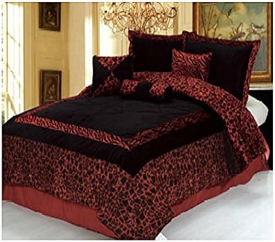 7 Pieces Faux Fur Safari Red & Black Zebra Animal King Comforter Set