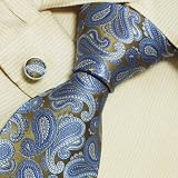 S4035 NEW Designer Hand Made Blue Brown Paisleys Pattern Neck Tie Cufflinks with Presentation Box Ties for Men Jacquard Woven Pure Silk Mens Neck Tie and Cuff Links Gift Set