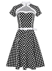 Cotton Polka Dot Print Belted Vintage Short Sleeves Evening Dress/Party Dress 