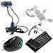 GTMax Blue Flexible 12MP High Resolution w/ 2 LED Light & Microphone USB PC Webcam + Black USB Handheld Trackball Finger Mouse + Black USB/PS2 Flexible Silicone Keyboard + White USB 2.0 4-Port Hub Mini Man For Desktop/Laptop Computers