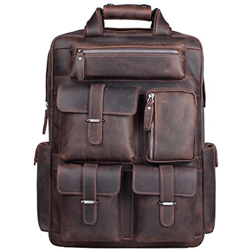 S-ZONE Vintage Crazy Horse Genuine Leather Backpack Multi Pockets Travel Sports bag
