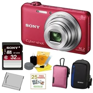 SONY Cyber-shot DSC-WX80/R Compact Zoom Digital Camera in Red + 32GB Secure Digital Memory Card + Sony Digital Camera Case + Sony Case in Pink + 25 Free Quality Photo Prints + Lithium Ion Rechargeable Battery + Enhanced Lens Cleaning Kit
