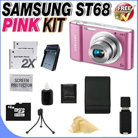 Samsung EC-ST65 / ST68 Digital Camera with 14 MP and 5x Optical Zoom (Pink) International Model No Warranty + 4GB Micro SD Memory Card + 2 Extended Life SLB-70A Batteries + Ac/Dc Rapid Charger + Samsung Case + USB Card Reader + Memory Card Wallet + Accessory Saver Bundle!