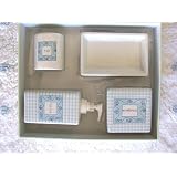 4 Piece Baby Blue Dots and Check Ceramic Bath Accessory Set and Mat and Towels by My BaSam