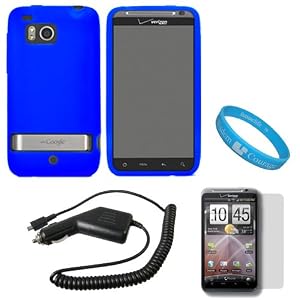 Blue Soft Silicone Protective Skin Cover Case for Verizon Wireless New HTC Thunderbolt 4G / HTC Incredible HD (Model ADR6400) + Clear Screen Protector + Black Rapid Car Charger with IC Chip + SumacLife TM Wisdom Courage Wristband