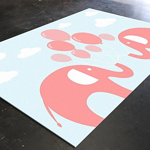 HawkerPeddler Elephant Nursery Decor Kids Room Non-Slip Blue and Coral 5ft x 4ft Thin Rug