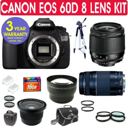 Cheap Canon 60D Digital Camera + Tamron 28-80mm Zoom Lens + Tamron 75-300mm Zoom Lens + 2x Telephoto Lens + .40x Wide Angle Fisheye Lens + +1,+2,+4,+10 Macro Close Up Kit + 2 UV Filters + 2 PL Filters + 16 GB Memory Card + Extra Battery + Holster Case + Camera Bag + 57" Tripod + 3 Year Warranty