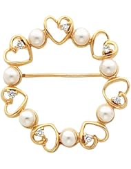 14K Yellow Gold Akoya Cultured White Pearl and Diamond Circle Brooch -- LIFETIME WARRANTY