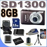 Canon PowerShot SD1300IS 12 MP Digital Camera w/4x Wide Angle Optical IS Zoom (Brown) 8GB BP6L Battery/Charger BigVALUEInc Accessory Saver Bundle