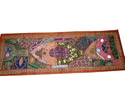 Orange Green Beaded Runner India Wall Hanging Tapestry Room Decor