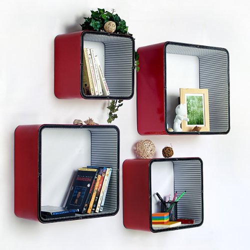 Trista - [Red & Black] Square Leather Wall Shelf / Bookshelf / Floating Shelf Set of 4