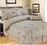 3 Day Holiday Special!!! 6 Pc Classic Vienna Tan - Beige Floral Embroidered Cotton Comforter Set - Oversized Overfilled Queen Size