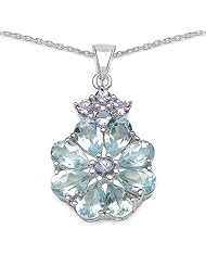 Genuine Blue Topaz & Tanzanite Flower Gemstone Rhodium Plated Sterling Silver Pendant Necklace