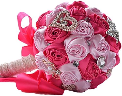 Romantic Wedding Bride Holding Wedding Bouquets Roses with Diamond Pearl Ribbon Valentine's Day Bouquet