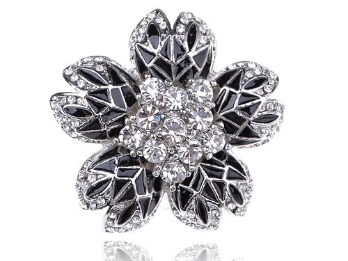 Silvertone Clear Crystal Rhinestone Black Enamel Adjustable Hibiscus Flower Ring