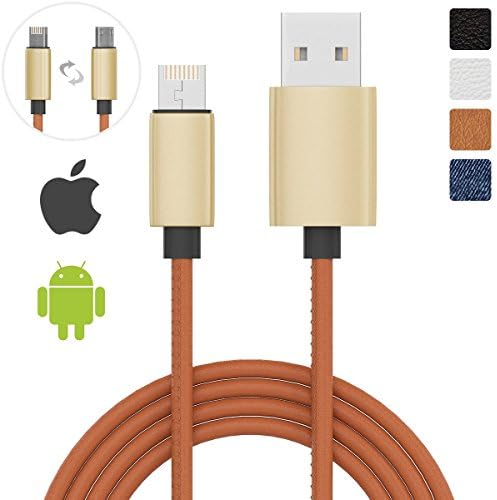 Reversible 2-in-1 iOS &amp; Android Cable Brown Leather Luxury Edition - Lightning/MicroUSB Connector - Charge, Sync &amp; Data Transfer - Universal Apple/iPhone &amp; Android Devices Compatible