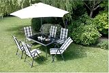 Textaline Garden Dining Set With 150x97cm Rectangular Table With 8mm Thick Tempered Black Safety Glass Top And 6 High Back Folding Multi position Armchairs 270cm Crank Tilt Parasol
