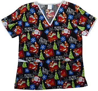 CaringPlus Scrubs Women's Top V-neck Santa is Ready for Christmas Black (Medium)