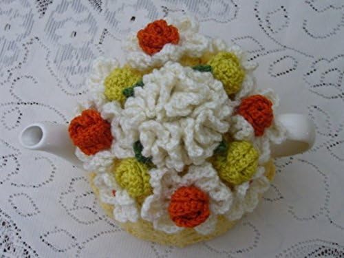 Crochet Tea Cozy in Yellow with Flowers to fit 4-6 Cup Size Teapot. Made to Order