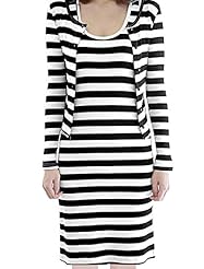 Long Sleeves Tank Cotton Stretchy Round Neck Striped Print  Dress