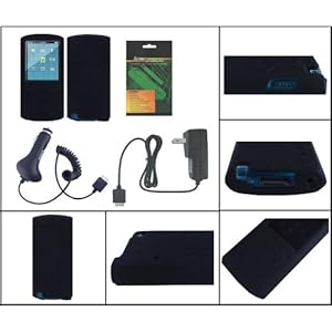 iShoppingdeals - Black Soft Case Skin + Car Charger + Travel AC Wall Charger + Screen Protector for Sony Walkman NWZ-E463 NWZ-E464 NWZ-E465 4GB 8GB 16GB MP3 Player