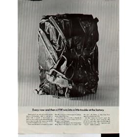Every now and then a VW runs into a little trouble at the factory. That hunk of junk was well on its way to being a Volkswagen, when it ran into a stone wall; a bunch of hard-nosed inspectors who pull enough parts off the line every day to make the equivalent of 20 cars. ..... 1967 Volkswagen of America Ad, A4922.