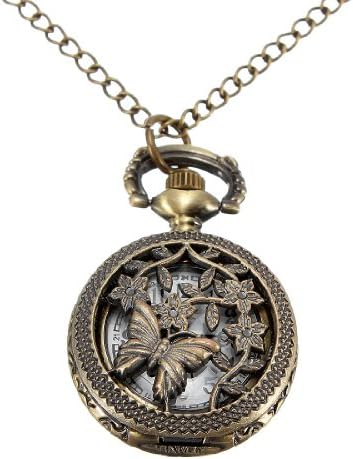 Vintage Bronze Butterfly Style Pocket Watch Pendant Necklace.