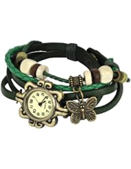 Women Retro Butterfly Charm Fashion Weave Wrap Leather Strap Bracelet Watch - Green