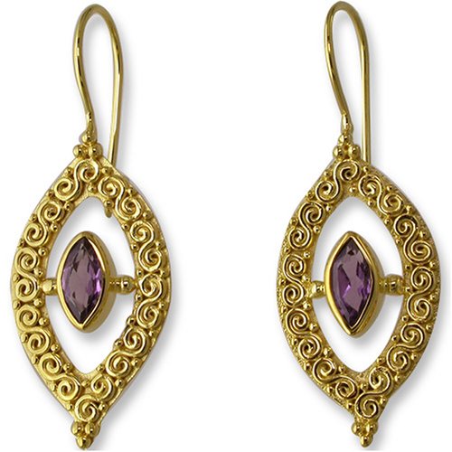 Gold Overlay Marquis Amethyst Dangle Earrings by Sajen