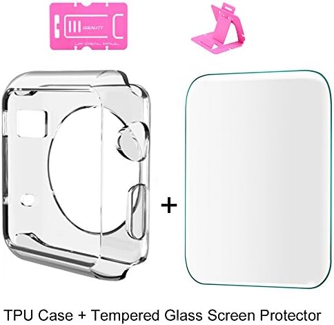 Apple Watch Case+Apple Watch Tempered Glass Screen Protector,2pack Ideality Flexiable TPU Apple Watch 38mm Case Slim light Clear & Apple Watch Glass Screen Protector 9H Hardness Anti-shock,perfect Fit for Smart Apple iWatch 2015 Standard,Sports,Edition (42MM)