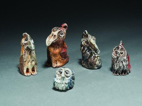 Set of 5 whimsical clay birds. Happy sweet babies. Small sculpture ceramic figurines owl pottery set collectible