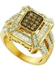 0.88 Carat (ctw) 14k Yellow Gold Round & Baguette Cut Brown & White Diamond Ladies Right Hand Fashion Ring