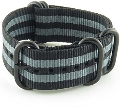 StrapsCo 16mm Premium Black Grey Stripe Nato Zulu G10 Ballystic Nylon Watch Strap w/ Black Rings