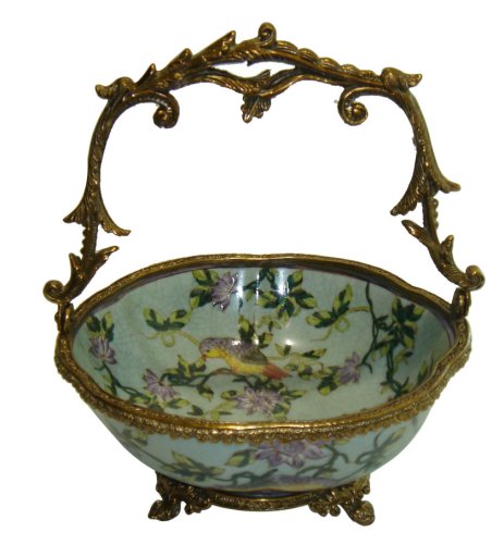 Green Floral Porcelain & Brass Hand Painted Server -Bird Design- Bowl, Candy Dish..