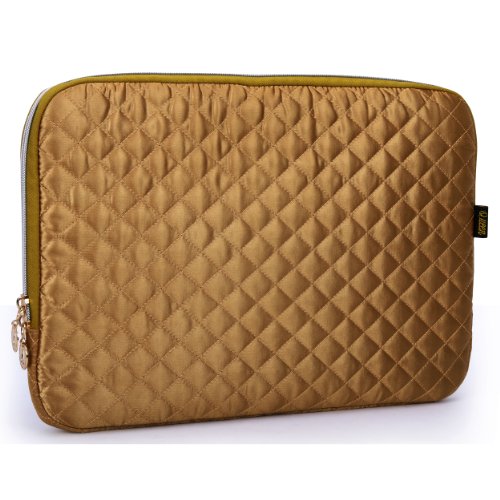 13 inch Gold Diamond Quilted Satin Polyester Spread over Neoprene Lined Slim Fit Laptop Sleeve Slipcase Bag Carrying Case Bodyguard for MacBook, Acer, Dell, Lenovo, Samsung, Sony, Toshiba Notebook Netbook