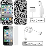 EZOPower Rapid White Car Charger + USB Hotsync & Charging Data Cable + Zebra Print Snap-On Hard Cover Case + Clear LCD Screen Protector for Apple iPhone 4 4G 16GB / 32GB 4th Generation