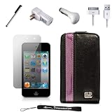 Black with Purple Stripe Deluxe Wallet Leather Protector with Stand Alone Design / Vertical and Landscape Mode Feature on Cover Case for New Apple iPod Touch 4 ( 4th Generation 8GB 16GB 32GB ) + Includes a USB Travel Car Charger, a USB Home Charger and a USB Data Sync Cable + Includes Anti Glare Screen Protector Guard and a Graphic Designer Stylus Pen to Navigate Device