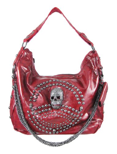 Glossy Red Gunmetal Studded Rhinestone Skull Handbag