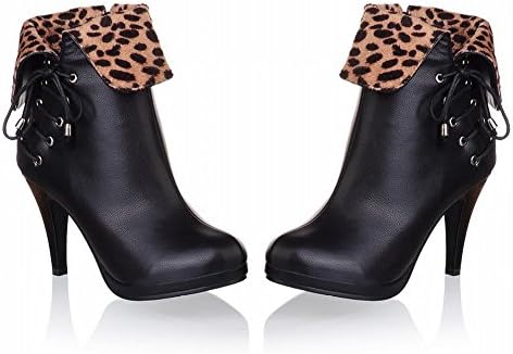 Carol Shoes Sexy Women's Fashion Lace-up Decorations Grace Zipper Leopard Pattern Velvet Lining Middle Heel Ankle Riding Boots (10, Black)