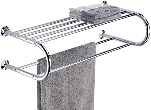 Chrome Wall Hung Hotel Style Bathroom Shelf with Towel Organizer Rack Bar
