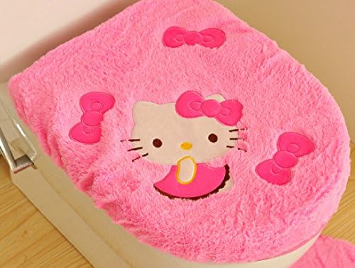 Speaking Life 3/4 Sets of Plush Warm Comfy Toilet Seat Cover Pads Tank Cover Toilet Mat Commode Seat Cushion Bathroom Rug Tissue Box Cover with Cute Cartoon Hello Kitty (3, pink)