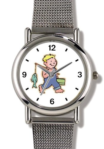 Young Boy Fishing or Fisherman with Fish on Fishing Pole Fishing - WATCHBUDDY® ELITE Chrome-Plated Metal Alloy Watch with Metal Mesh Strap-Size-Large ( Men's Size or Jumbo Women's Size )