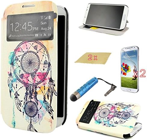 KooJoee(TM) Slim Flip Cover Folio PU Leather Case with View Window for Samsung Galaxy S4 S IV i9500 + One KooJoee Stylus + Two Screen Protectors + Two Microfiber Cloth (Windmill Dream Catcher)